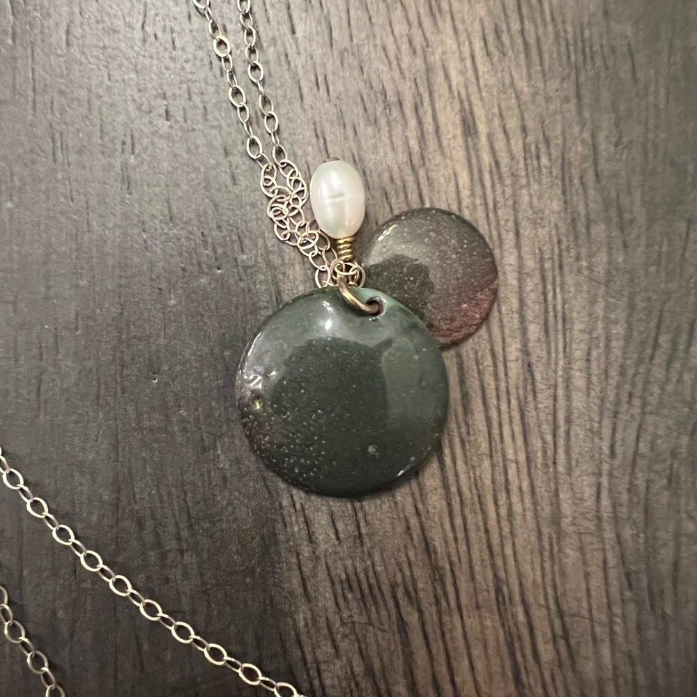 NEW Handmade Enamel Copper Disks & Freshwater Pearl Sterling Necklace - Picture 6 of 9